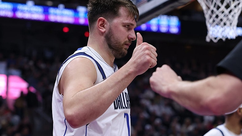 Mar 25, 2024; Salt Lake City, Utah, USA; Dallas Mavericks guard Luka Doncic (77) reacts to a call for the Utah Jazz during the third quarter at Delta Center. Mandatory Credit: Rob Gray-USA TODAY Sports