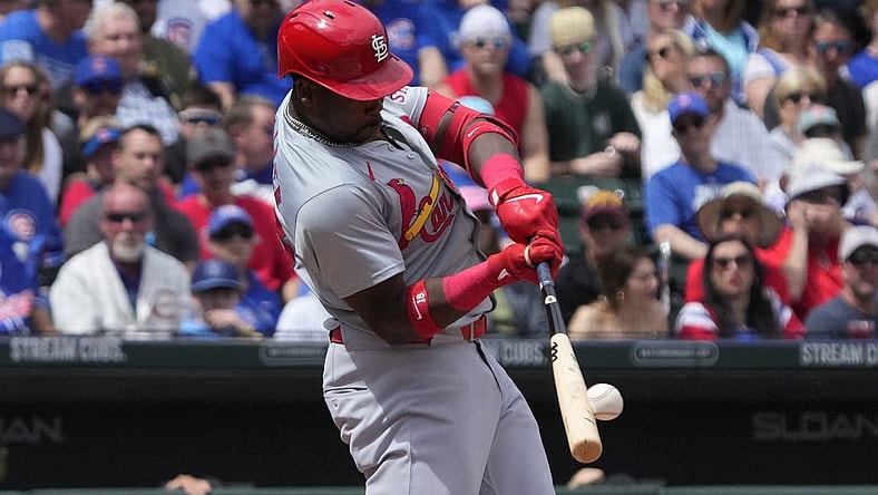 Mar 26, 2024; Mesa, Arizona, USA; St. Louis Cardinals right fielder Jordan Walker (18) hits against the Chicago Cubs in the first inning at Sloan Park. Mandatory Credit: Rick Scuteri-USA TODAY Sports