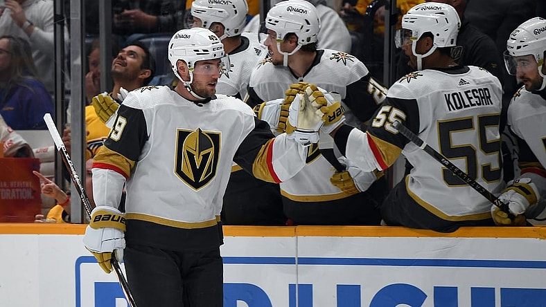 Mar 26, 2024; Nashville, Tennessee, USA; Vegas Golden Knights center Ivan Barbashev (49) celebrates with teammates after a goal during the first period against the Nashville Predators at Bridgestone Arena. Mandatory Credit: Christopher Hanewinckel-USA TODAY Sports