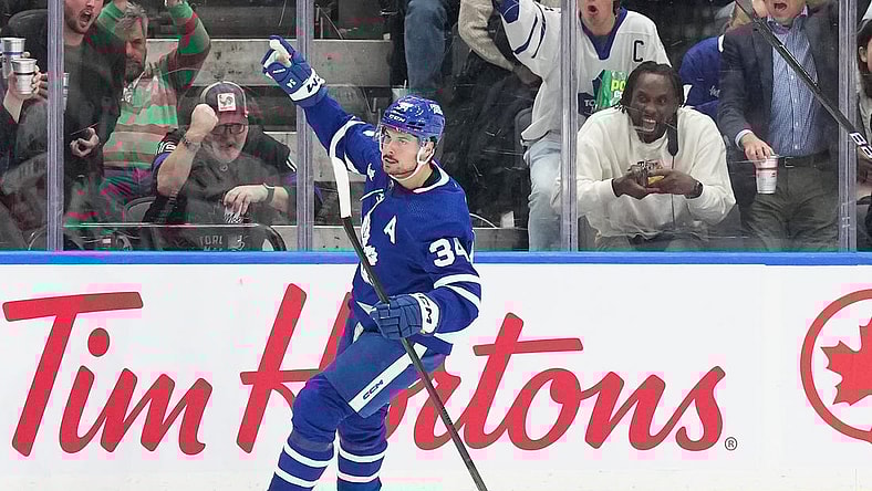 Mar 26, 2024; Toronto, Ontario, CAN; Toronto Maple Leafs center Auston Matthews (34) celebrates scoring a goal against the New Jersey Devils during the second period at Scotiabank Arena. Mandatory Credit: Nick Turchiaro-USA TODAY Sports