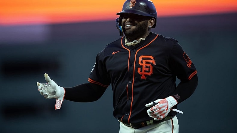 Mar 26, 2024; San Francisco, California, USA; San Francisco Giants third baseman Pablo Sandoval smiles as he is removed for a pinch runner after singling against the Oakland Athletics during the ninth inning at Oracle Park. Mandatory Credit: D. Ross Cameron-USA TODAY Sports