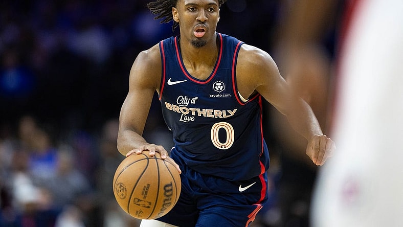 Mar 27, 2024; Philadelphia, Pennsylvania, USA; Philadelphia 76ers guard Tyrese Maxey (0) dribbles the ball against the LA Clippers during the second quarter at Wells Fargo Center. Mandatory Credit: Bill Streicher-USA TODAY Sports
