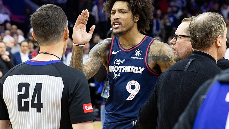 Mar 27, 2024; Philadelphia, Pennsylvania, USA; Philadelphia 76ers guard Kelly Oubre Jr. (9) and head coach Nick Nurse argue with referee Kevin Scott (24) after a loss to the LA Clippers at Wells Fargo Center. Mandatory Credit: Bill Streicher-USA TODAY Sports