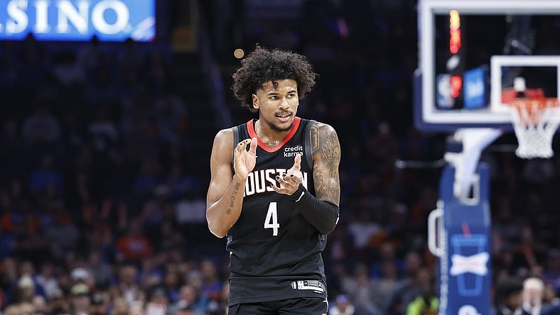 Mar 27, 2024; Oklahoma City, Oklahoma, USA; Houston Rockets guard Jalen Green (4) celebrates during a time out against the Oklahoma City Thunder in the second half at Paycom Center. Mandatory Credit: Alonzo Adams-USA TODAY Sports