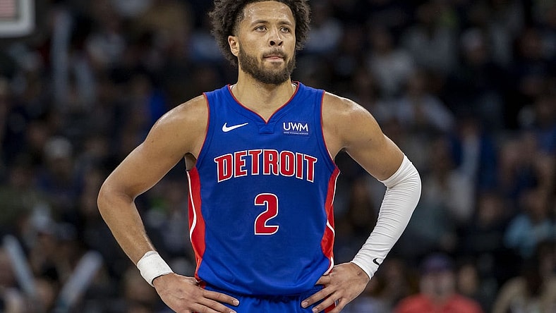 Mar 27, 2024; Minneapolis, Minnesota, USA; Detroit Pistons guard Cade Cunningham (2) look on against the Minnesota Timberwolves in the second half at Target Center. Mandatory Credit: Jesse Johnson-USA TODAY Sports