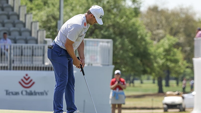 Mar 28, 2024; Houston, Texas, USA; Taylor Moore (USA) sinks his putt on the 18th green during the first round of the Texas Children's Houston Open golf tournament. Mandatory Credit: Thomas Shea-USA TODAY Sports
