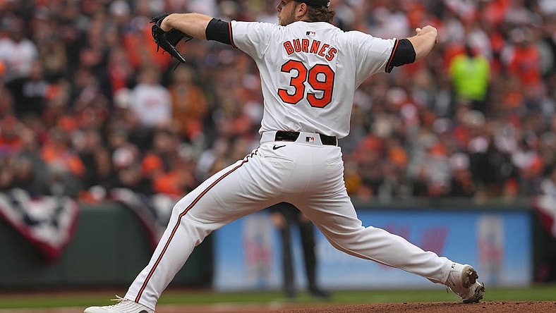 Mar 28, 2024; Baltimore, Maryland, USA; Baltimore Orioles pitcher Corbin Burnes (39) delivers in the first inning against the Los Angeles Angels at Oriole Park at Camden Yards. Mandatory Credit: Mitch Stringer-USA TODAY Sports