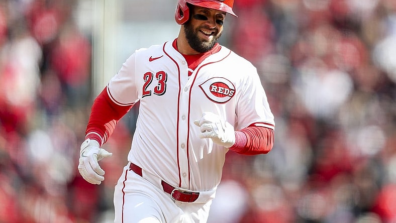 Mar 28, 2024; Cincinnati, Ohio, USA; Cincinnati Reds designated hitter Nick Martini (23) runs the bases after hitting a two-run home run in the second inning against the Washington Nationals at Great American Ball Park. Mandatory Credit: Katie Stratman-USA TODAY Sports
