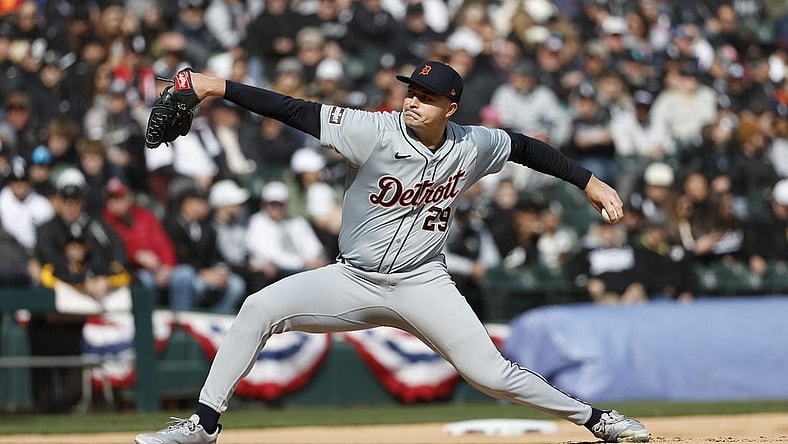 Mar 28, 2024; Chicago, Illinois, USA; Detroit Tigers starting pitcher Tarik Skubal (29) delivers a pitch during the first inning of the Opening Day game against the Chicago White Sox at Guaranteed Rate Field. Mandatory Credit: Kamil Krzaczynski-USA TODAY Sports