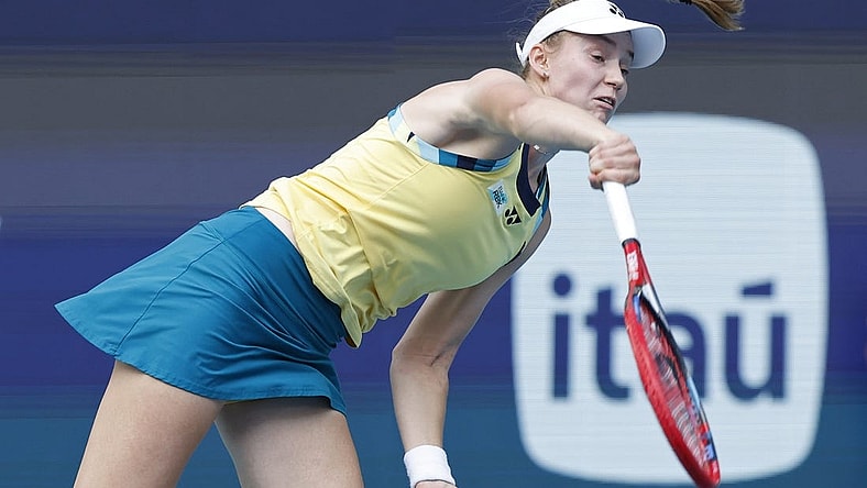 Mar 28, 2024; Miami Gardens, FL, USA; Elena Rybakina(KAZ) serves against Victoria Azarenka (not pictured) on day eleven of the Miami Open at Hard Rock Stadium. Mandatory Credit: Geoff Burke-USA TODAY Sports