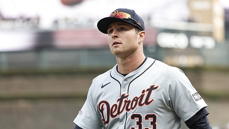 Mar 28, 2024; Chicago, Illinois, USA; Detroit Tigers second baseman Colt Keith (33) walks back to dugout before the Opening Day game against the Chicago White Sox at Guaranteed Rate Field. Mandatory Credit: Kamil Krzaczynski-USA TODAY Sports