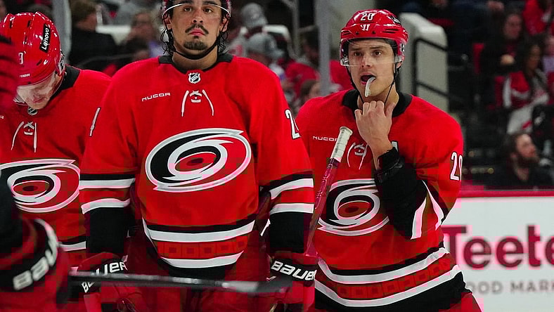 Mar 28, 2024; Raleigh, North Carolina, USA;  Carolina Hurricanes center Sebastian Aho (20) and center Seth Jarvis (24) look on against the Detroit Red Wings during the second period at PNC Arena. Mandatory Credit: James Guillory-USA TODAY Sports