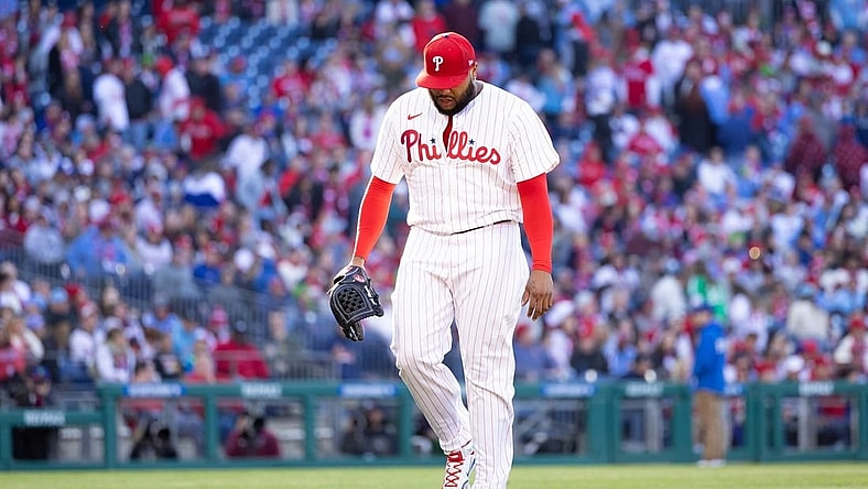 Mar 29, 2024; Philadelphia, Pennsylvania, USA; Philadelphia Phillies relief pitcher Jose Alvarado (46) walks back to the dugout after being relieved in the eighth inning against the Atlanta Braves at Citizens Bank Park. Mandatory Credit: Bill Streicher-USA TODAY Sports