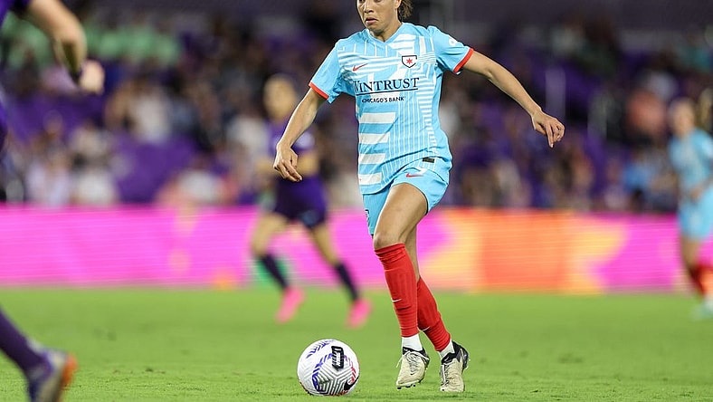 Mar 29, 2024; Orlando, Florida, USA; Chicago Red Stars forward Mallory Swanson (9) dribbles the ball during the second half against the Orlando Pride at Inter&Co Stadium. Mandatory Credit: Nathan Ray Seebeck-USA TODAY Sports