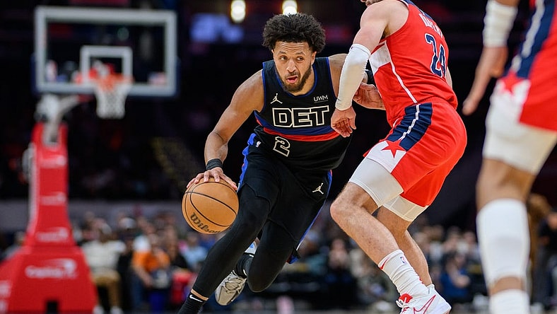 Mar 29, 2024; Washington, District of Columbia, USA; Detroit Pistons guard Cade Cunningham (2) drives to the basket against Washington Wizards forward Corey Kispert (24) during the third quarter at Capital One Arena. Mandatory Credit: Reggie Hildred-USA TODAY Sports