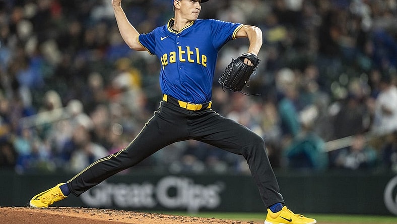 Mar 29, 2024; Seattle, Washington, USA; Seattle Mariners starter George Kirby (68) delivers a pitch during the sixth inning against the Boston Red Sox at T-Mobile Park. Mandatory Credit: Stephen Brashear-USA TODAY Sports