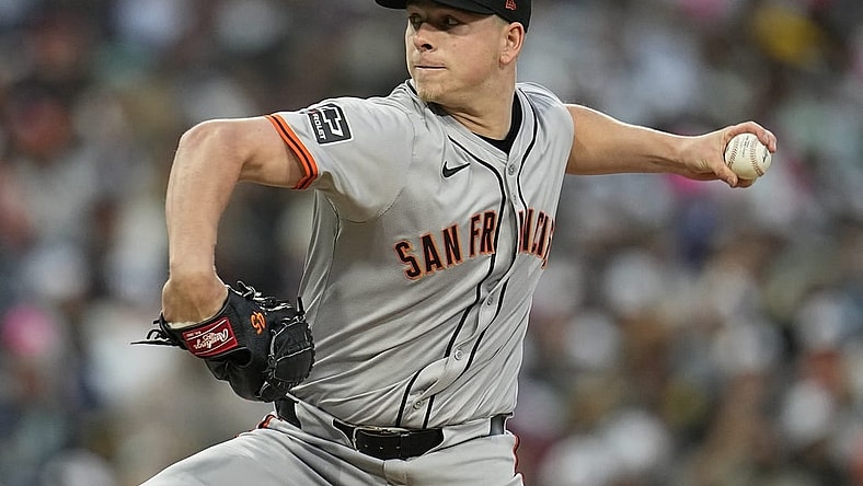 Mar 29, 2024; San Diego, California, USA; San Francisco Giants starting pitcher Kyle Harrison (45) throws a pitch against the San Diego Padres during the first inning at Petco Park. Mandatory Credit: Ray Acevedo-USA TODAY Sports