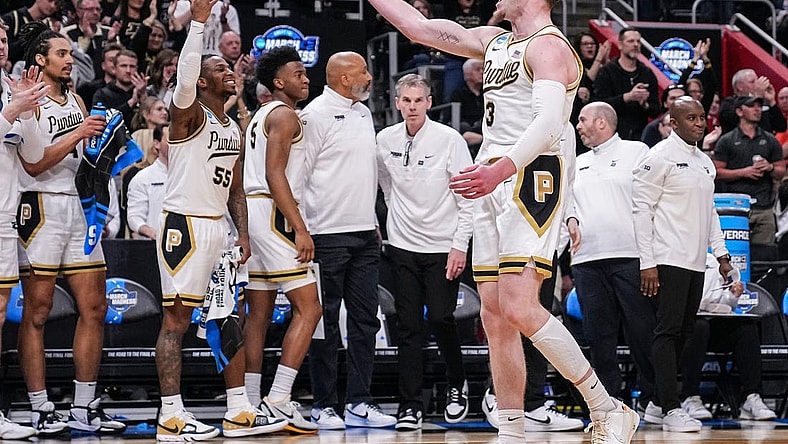 Purdue Boilermakers guard Braden Smith (3) yells in excitement to the fans on Friday, March 29, 2024, during the midwest regional semifinals at the Little Caesars Arena in Detroit. The Purdue Boilermakers defeated the Gonzaga Bulldogs, 80-68.