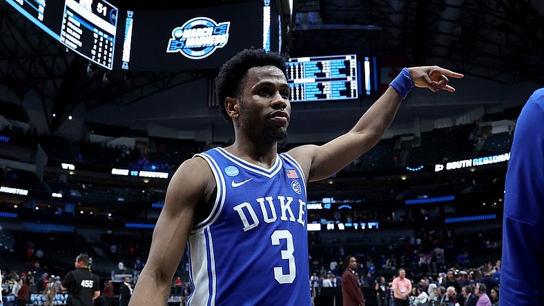 Mar 29, 2024; Dallas, TX, USA; Duke Blue Devils guard Jeremy Roach (3) celebrates after defeating the Houston Cougars in the semifinals of the South Regional of the 2024 NCAA Tournament at American Airlines Center. Mandatory Credit: Kevin Jairaj-USA TODAY Sports