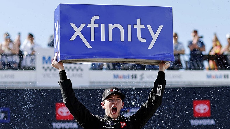 Mar 30, 2024; Richmond, Virginia, USA; Xfinity Series driver Chandler Smith (81) celebrates after winning the ToyotaCare 250 at Richmond Raceway. Mandatory Credit: Peter Casey-USA TODAY Sports