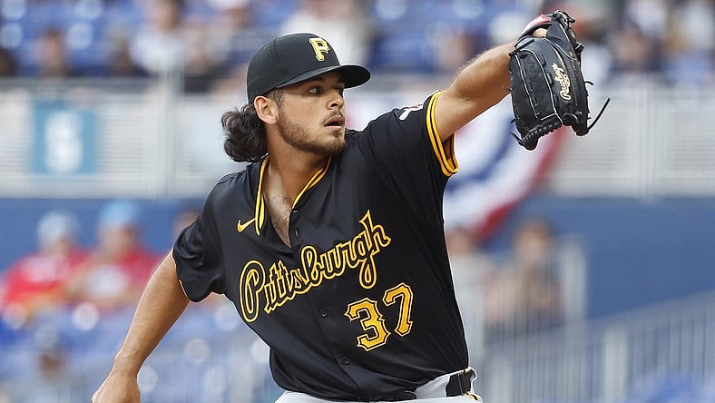 Mar 30, 2024; Miami, Florida, USA; Pittsburgh Pirates starting pitcher Jared Jones (37) pitches against the Miami Marlins in the first inning at loanDepot Park. Mandatory Credit: Rhona Wise-USA TODAY Sports