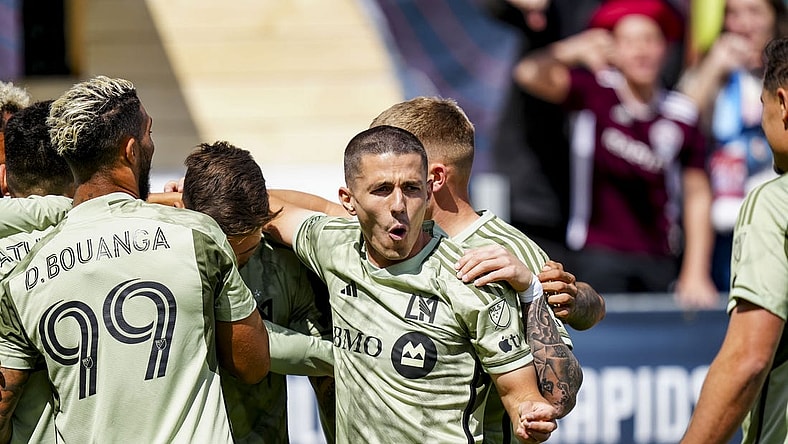Mar 30, 2024; Commerce City, Colorado, USA; LAFC midfielder Eduard Atuesta (20) celebrates scoring a goal during the first half at Dick's Sporting Goods Park. Mandatory Credit: Ron Chenoy-USA TODAY Sports