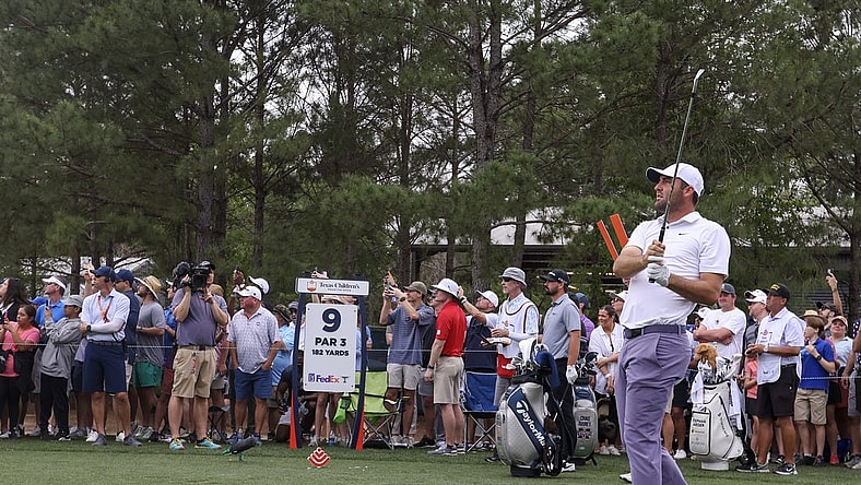 Mar 30, 2024; Houston, Texas, USA; Scottie Scheffler (USA) drives off the ninth tee during the third round of the Texas Children's Houston Open golf tournament. Mandatory Credit: Thomas Shea-USA TODAY Sports