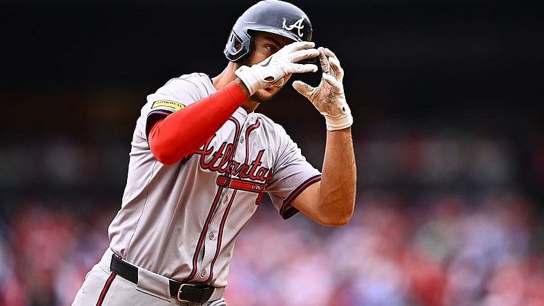 Mar 30, 2024; Philadelphia, Pennsylvania, USA; Atlanta Braves first baseman Matt Olson (28) gestures as he rounds the bases after hitting a home run against the Philadelphia Phillies in the third inning at Citizens Bank Park. Mandatory Credit: Kyle Ross-USA TODAY Sports
