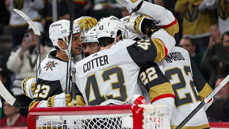 Mar 30, 2024; Saint Paul, Minnesota, USA; Vegas Golden Knights right wing Michael Amadio (22) celebrates his goal with teammates against the Minnesota Wild during the third period at Xcel Energy Center. Mandatory Credit: Matt Krohn-USA TODAY Sports