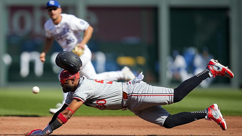 Mar 30, 2024; Kansas City, Missouri, USA; Minnesota Twins third baseman Willi Castro (50) is caught stealing second base against the Kansas City Royals during the third inning at Kauffman Stadium. Mandatory Credit: Jay Biggerstaff-USA TODAY Sports