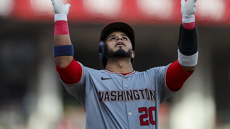 Mar 30, 2024; Cincinnati, Ohio, USA; Washington Nationals catcher Keibert Ruiz (20) reacts after hitting a solo home run in the eighth inning against the Cincinnati Reds at Great American Ball Park. Mandatory Credit: Katie Stratman-USA TODAY Sports