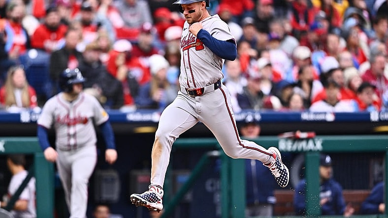 Mar 30, 2024; Philadelphia, Pennsylvania, USA; Atlanta Braves outfielder Jarred Kelenic (24) scores against the Philadelphia Phillies in the sixth inning at Citizens Bank Park. Mandatory Credit: Kyle Ross-USA TODAY Sports