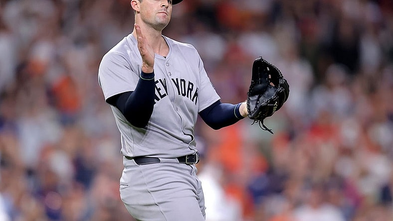 Mar 30, 2024; Houston, Texas, USA; New York Yankees relief pitcher Clay Holmes (35) reacts after the final out against the Houston Astros during the ninth inning at Minute Maid Park. Mandatory Credit: Erik Williams-USA TODAY Sports