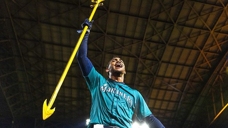 Mar 30, 2024; Seattle, Washington, USA; Seattle Mariners center fielder Julio Rodriguez (44) celebrates after hitting a walk-off RBI-single against the Boston Red Sox during the tenth inning at T-Mobile Park. Mandatory Credit: Joe Nicholson-USA TODAY Sports