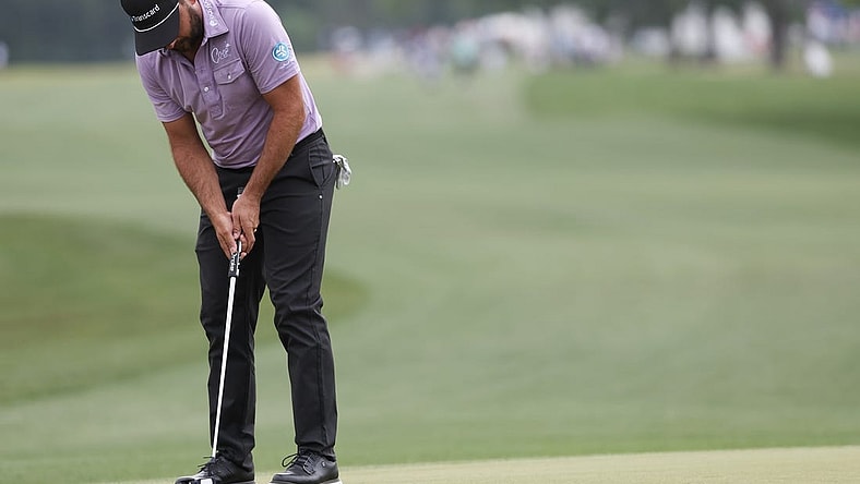 Mar 31, 2024; Houston, Texas, USA; Stephan Jaeger (GER)  putts on the eighth green during the final round of the Texas Children's Houston Open golf tournament. Mandatory Credit: Thomas Shea-USA TODAY Sports