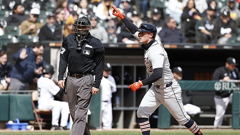Mar 31, 2024; Chicago, Illinois, USA; Detroit Tigers right fielder Kerry Carpenter (30) crosses home plate after hitting a solo home run against the Chicago White Sox during the fourth inning at Guaranteed Rate Field. Mandatory Credit: Kamil Krzaczynski-USA TODAY Sports