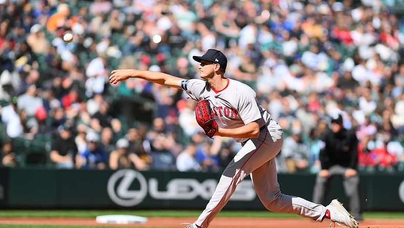Mar 31, 2024; Seattle, Washington, USA; Boston Red Sox starting pitcher Garrett Whitlock (22) pitches to the Seattle Mariners during the first inning at T-Mobile Park. Mandatory Credit: Steven Bisig-USA TODAY Sports