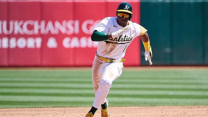 Mar 31, 2024; Oakland, California, USA; Oakland Athletics outfielder Esteury Ruiz (1) runs the bases after hitting a triple against the Cleveland Guardians during the third inning at Oakland-Alameda County Coliseum. Mandatory Credit: Robert Edwards-USA TODAY Sports
