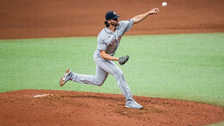 Apr 30, 2021; St. Petersburg, Florida, USA; Houston Astros relief pitcher Kent Emanuel (0) delivers a pitch during the eighth inning of a game against the Tampa Bay Rays at Tropicana Field. Mandatory Credit: Mary Holt-USA TODAY Sports
