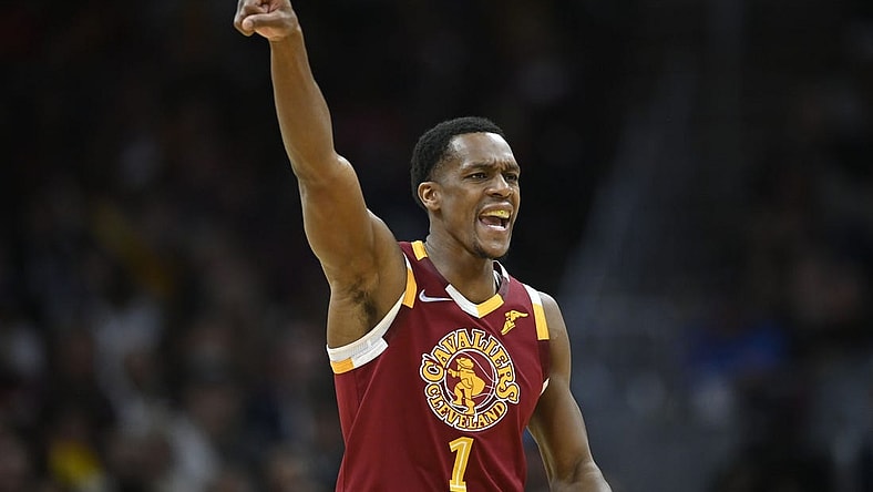 Apr 15, 2022; Cleveland, Ohio, USA; Cleveland Cavaliers guard Rajon Rondo (1) runs the offense in the fourth quarter against the Atlanta Hawks at Rocket Mortgage FieldHouse. Mandatory Credit: David Richard-USA TODAY Sports