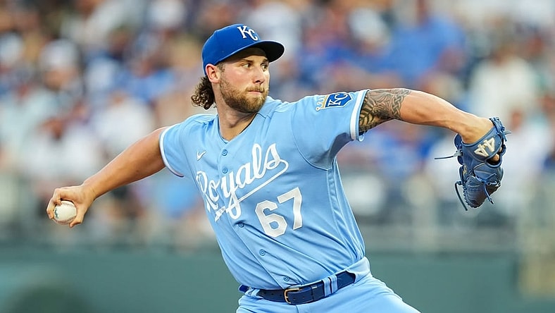 Sep 30, 2023; Kansas City, Missouri, USA; Kansas City Royals starting pitcher Alec Marsh (67) pitches during the second inning against the New York Yankees at Kauffman Stadium. Mandatory Credit: Jay Biggerstaff-USA TODAY Sports