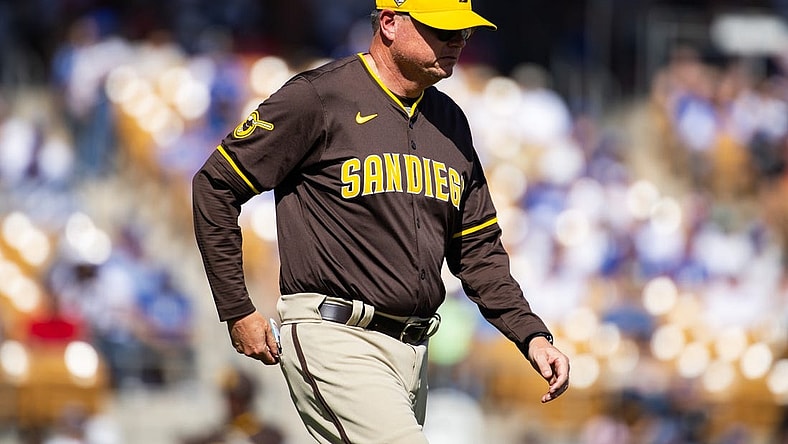 Feb 23, 2024; Phoenix, Arizona, USA; San Diego Padres manager Mike Shildt against the Los Angeles Dodgers during a spring training game at Camelback Ranch-Glendale. Mandatory Credit: Mark J. Rebilas-USA TODAY Sports