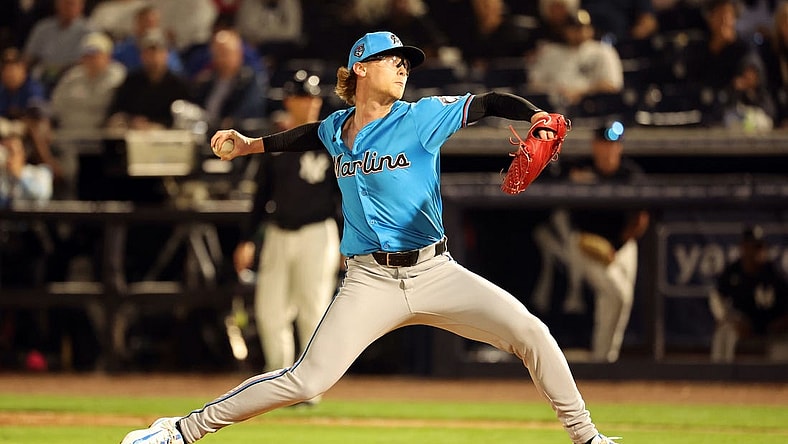 Feb 29, 2024; Tampa, Florida, USA; Miami Marlins pitcher Max Meyer (23) throws a pitch during the fifth inning against the New York Yankees at George M. Steinbrenner Field. Mandatory Credit: Kim Klement Neitzel-USA TODAY Sports