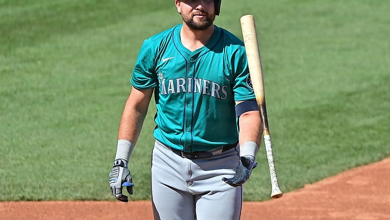 Mar 8, 2024; Mesa, Arizona, USA;  Seattle Mariners catcher Cal Raleigh (29) reacts after striking out in the second inning against the Chicago Cubs during a spring training game at Sloan Park. Mandatory Credit: Matt Kartozian-USA TODAY Sports