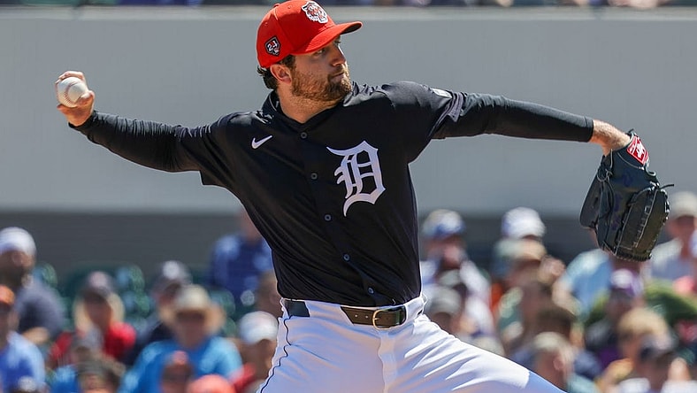 Mar 14, 2024; Lakeland, Florida, USA; Detroit Tigers starting pitcher Casey Mize (12) pitches during the first inning against the New York Yankees at Publix Field at Joker Marchant Stadium. Mandatory Credit: Mike Watters-USA TODAY Sports