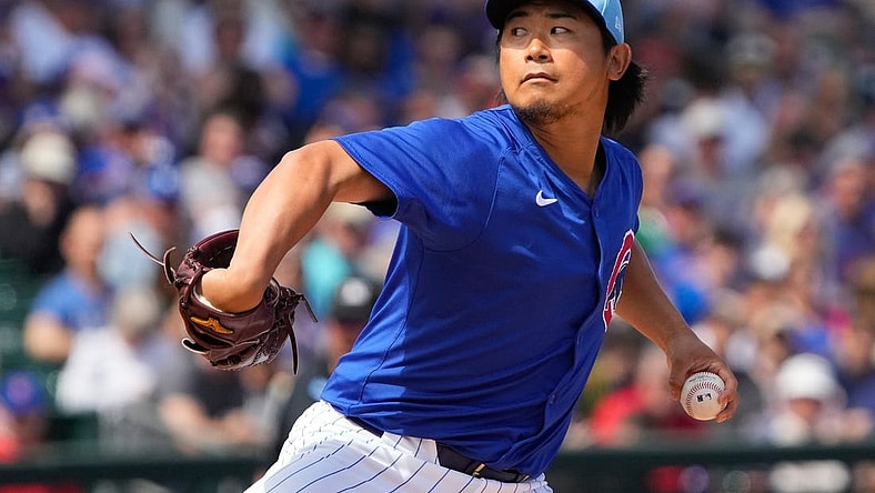 Mar 14, 2024; Mesa, Arizona, USA; Chicago Cubs starting pitcher Shota Imanaga (18) throws against the Oakland Athletics in the second inning at Sloan Park. Mandatory Credit: Rick Scuteri-USA TODAY Sports