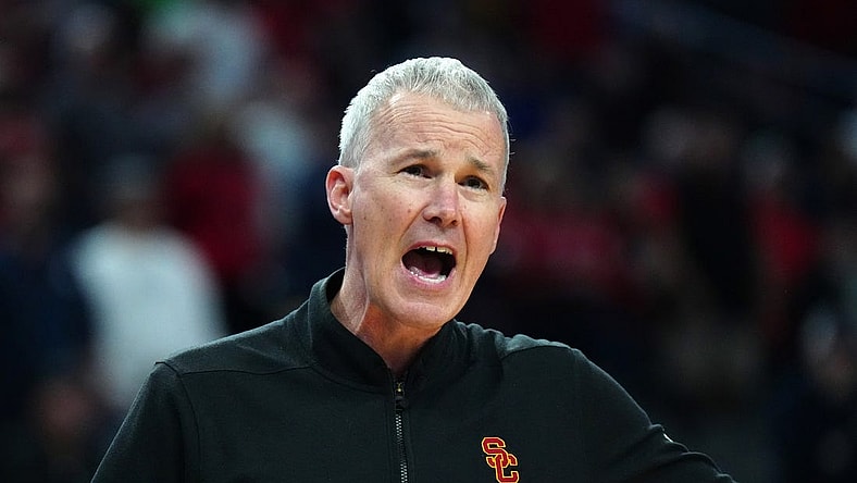 Mar 14, 2024; Las Vegas, NV, USA; Southern California Trojans head coach Andy Enfield reacts against the Arizona Wildcats in the first half at T-Mobile Arena. Mandatory Credit: Kirby Lee-USA TODAY Sports