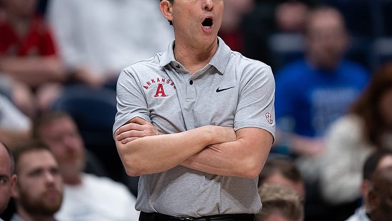 Arkansas Razorbacks head coach Eric Musselman works the referees against South Carolina during their second round game of the SEC Men's Basketball Tournament at Bridgestone Arena in Nashville, Tenn., Thursday, March 14, 2024.
