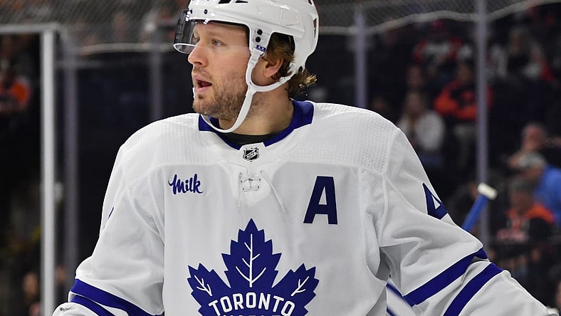 Mar 19, 2024; Philadelphia, Pennsylvania, USA; Toronto Maple Leafs defenseman Morgan Rielly (44) against the Philadelphia Flyers at Wells Fargo Center. Mandatory Credit: Eric Hartline-USA TODAY Sports