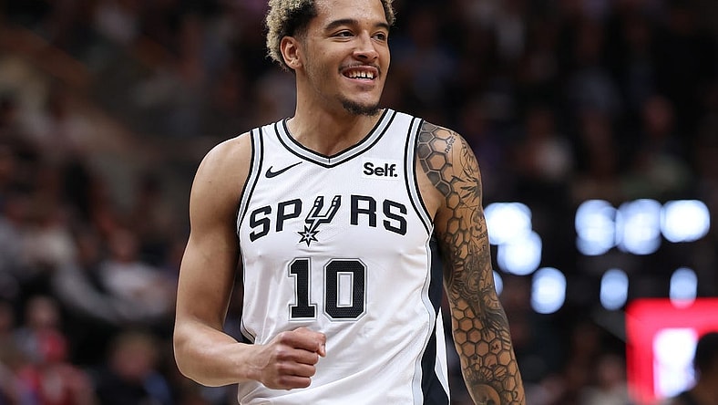 Mar 27, 2024; Salt Lake City, Utah, USA; San Antonio Spurs forward Jeremy Sochan (10) reacts to a play against the Utah Jazz during the first quarter at Delta Center. Mandatory Credit: Rob Gray-USA TODAY Sports